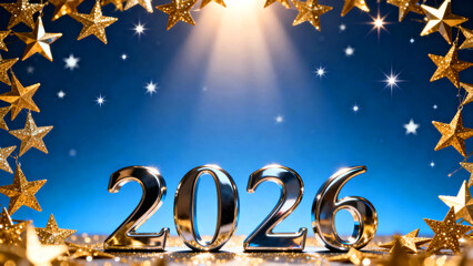 Sparkling 2026 New Year celebration with golden stars against a vibrant blue background ready for festive promotions and marketing materials