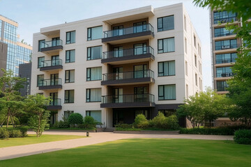 Modern white apartment building with balconies and landscaped green lawn in a quiet urban setting