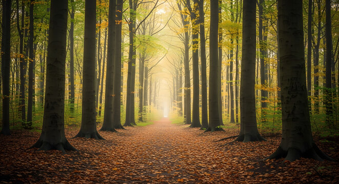 Pathway through a dense forest with tall trees and a ground covered in fallen autumn leaves and light ahead - Powered by Adobe