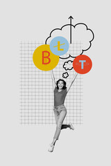 Vertical 3d art trend image collage of happy businesswoman walk arrow development target aim achievement progress statistics btl