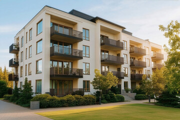 Elegant apartment complex with dark balconies and landscaped courtyard surrounded by green trees