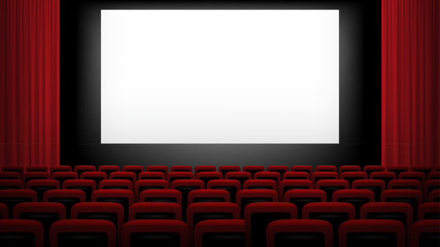Cinema or theater chair screen background with rows of red velvet seats facing large blank display with dark hall and curtains creating classic movie atmosphere. Realistic vector illustration