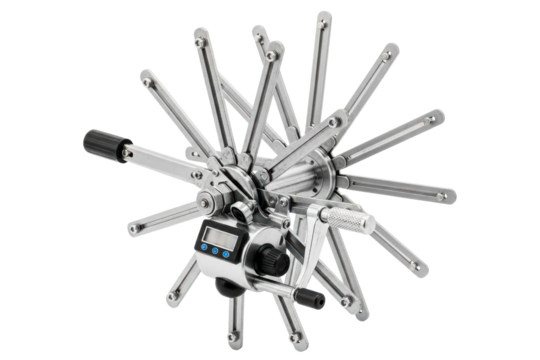 Complex mechanical film winder with a digital footage counter isolated on a transparent background