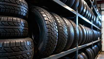 New tires displayed on shelves ready for installation at auto repair shop or car dealership offering tire service and auto maintenance
