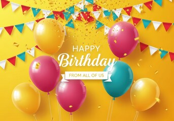 Happy birthday celebration with colorful balloons and confetti on a yellow background, festive and joyful atmosphere