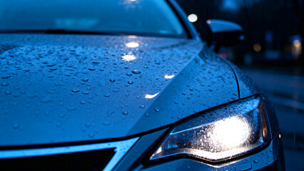 Luxury car glistening with raindrops under atmospheric streetlights at twilight for sleek automotive advertising campaigns