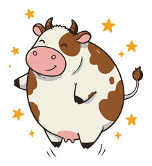 Chubby cow dancing with stars – cute dairy farm animal cartoon vector illustration