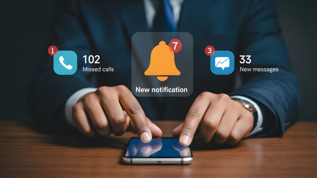 Overwhelmed businessman drowning in missed calls and new messages, struggling to keep up with urgent notifications on his smartphone.