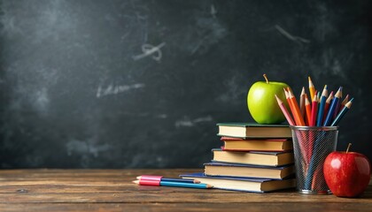 Books and colorful pencils sit on wooden table. Apples and stationery near stack of books by blackboard. Learning and study supplies arranged for education.