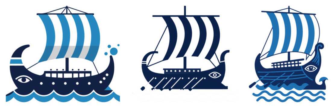 Set of ancient Greek ship or Roman galley vector icons for a logo