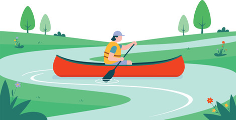 Naklejka premium Person rowing canoe on river surrounded by trees plants in the park vector illustration style graphic element