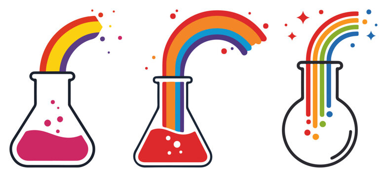 Set of creative science flasks with rainbows vector icon collection