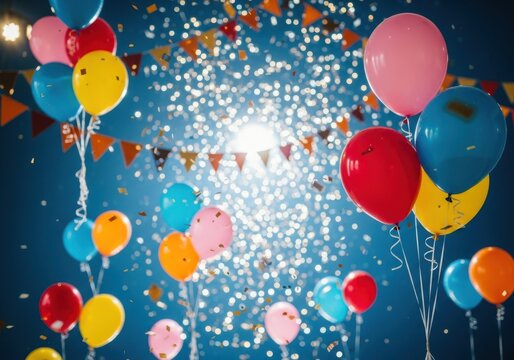 A lively birthday party scene with numerous colorful balloons, twinkling lights, and falling confetti against a dark blue, bokehfilled background
