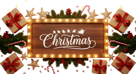 Festive christmas sign with gifts and candy canes