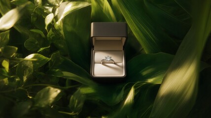 Diamond ring in box amidst green foliage. AI image