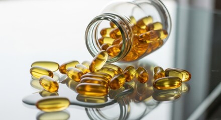 Gros plan sur des capsules transparentes d&rsquo;om&eacute;ga-3 et d&rsquo;huile de poisson, r&eacute;pandues depuis un flacon en verre sur une table en verre. Belle lumi&egrave;re du jour et ambiance propre, minimaliste