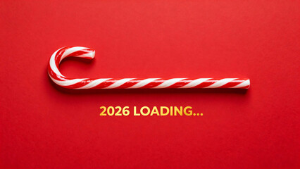 Anticipating 2026 Christmas season with festive candy cane against rich red backdrop, evoking holiday cheer and sweet anticipation
