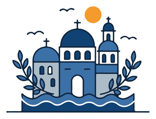 Greek island church with blue domes olive branches and sea waves – mediterranean landmark vector illustration