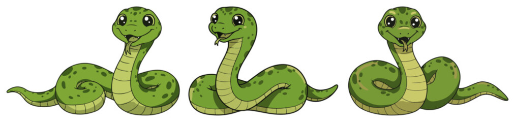 Cute green snake characters set coiled and smiling – kawaii reptile cartoon vector illustration