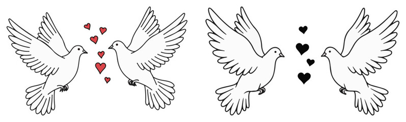 Pair of doves with hearts in flight – love birds wedding line art vector