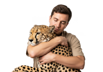Young man gently embracing a majestic cheetah showing affection and connection isolated on transparent background
