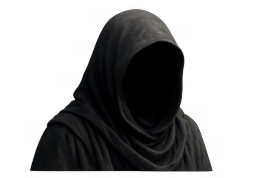 Hooded figure representing death, mystery, fear, and anonymity on a transparent background