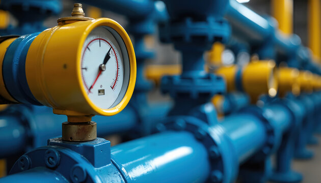 Yellow pressure gauge measures vital metrics on blue industrial pipe system. Equipment monitors fluid pressure in engineering setup. Essential for safety, efficiency in factory operations, ensuring