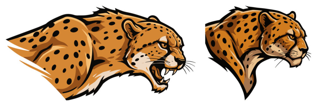 Fierce cheetah heads roaring aggressive sports mascot logo set
