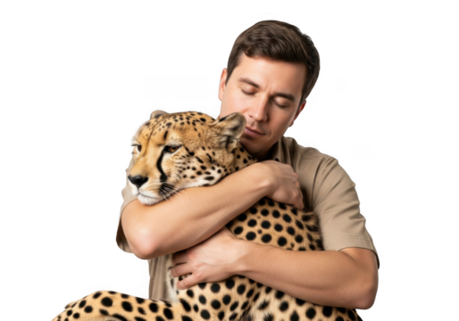 Young man gently embracing a majestic cheetah showing affection and connection isolated on transparent background