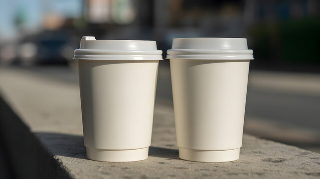 Two takeaway coffee cups outdoors provide a caffeinated boost for busy city life, perfect for a quick pick-me-up on the go, ideal for cafes and lifestyle blogs