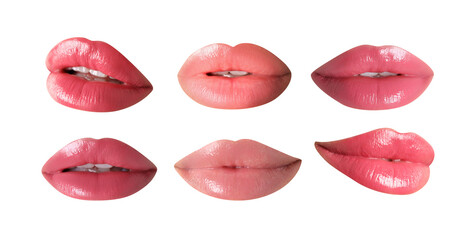 Set of female lips with lipstick isolated on white