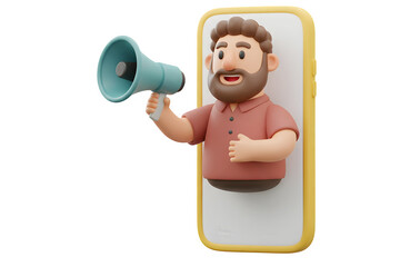 Cartoon man with megaphone emerging from smartphone screen announcing isolated on transparent background