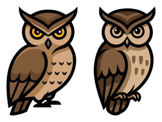Two owls sitting cute brown bird mascots – forest wildlife vector illustration
