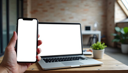 Smartphone and laptop on a wooden desk in a modern office setting