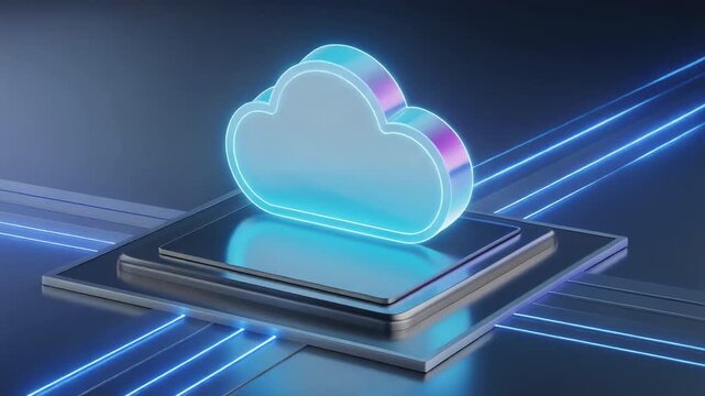 Metallic cloud icon resting on a futuristic platform with glowing reflections and soft gradients, symbolizing modern cloud computing and digital storage technology.