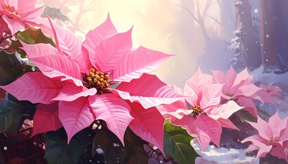 Close-up view of vibrant pink poinsettia flowers in a snowy forest. Light filters through the trees, illuminating the scene