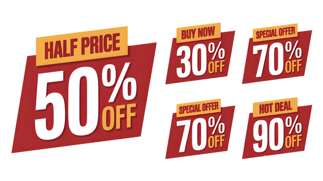 Boost your sales with these attention-grabbing promotional graphics featuring half price, special offers, hot deals, and discounts of 30%, 70%, and 90% off