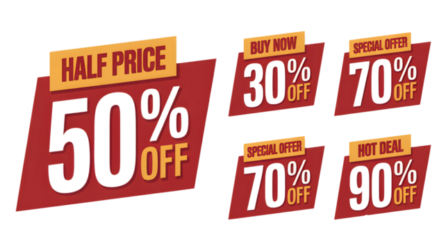 Boost your sales with these attention-grabbing promotional graphics featuring half price, special offers, hot deals, and discounts of 30%, 70%, and 90% off