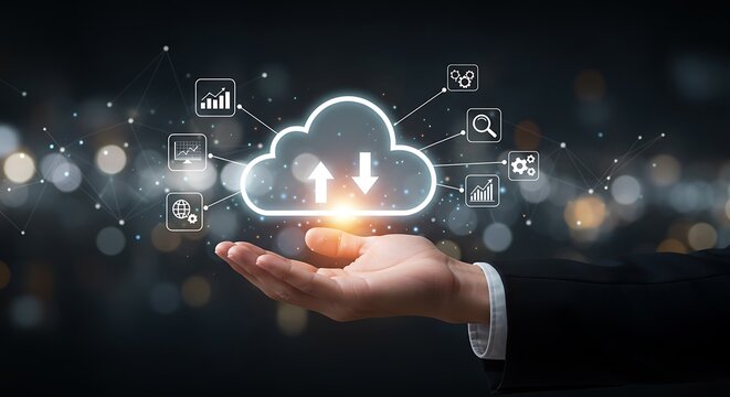 Hand holding a glowing cloud with digital icons representing data, analytics, and connectivity, symbolizing cloud computing and technology