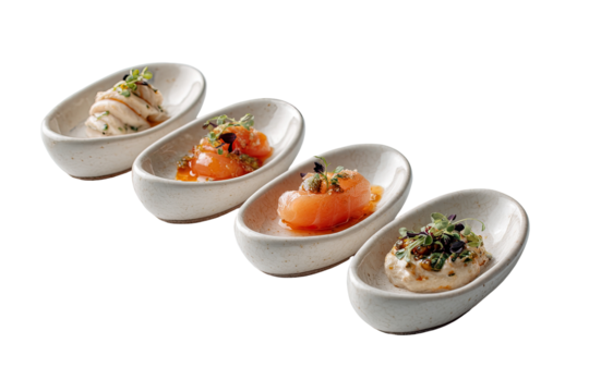 Four small, oval dishes with various appetizers.  Delicate, light-colored ceramic
