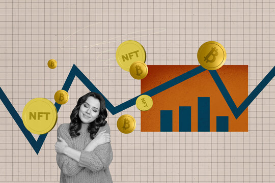 Collage depicting nft trading success and digital freelance income in a modern economic business online concept
