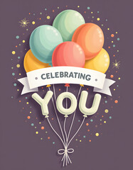 Colorful balloons with a banner that says Celebrating You, perfect for celebrations