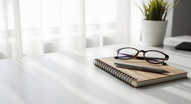 A bright workspace featuring a notebook with pen and glasses near a plant and a window light