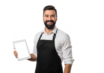 Smiling bearded man wearing a black apron holding a white tablet device isolated on transparent background