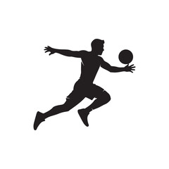 Athletic man leaping forward with a ball silhouette icon vector flat illustration
