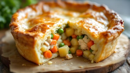 A freshly baked homemade chicken pot pie with a golden flaky crust, revealing a savory filling of chicken and vegetables.