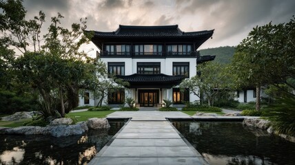 Elegant modern mansion amid lush greenery at dusk. AI image