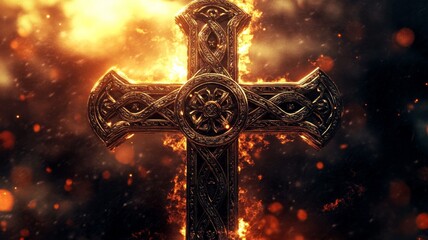 Intricate celtic cross on stone wall. AI image