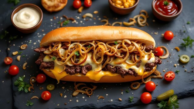 A delicious cheesesteak sandwich loaded with beef, melted cheese, and crispy fried onions, surrounded by fresh ingredients.