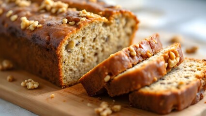 A freshly baked loaf of banana nut bread partially sliced on a wooden cutting board.